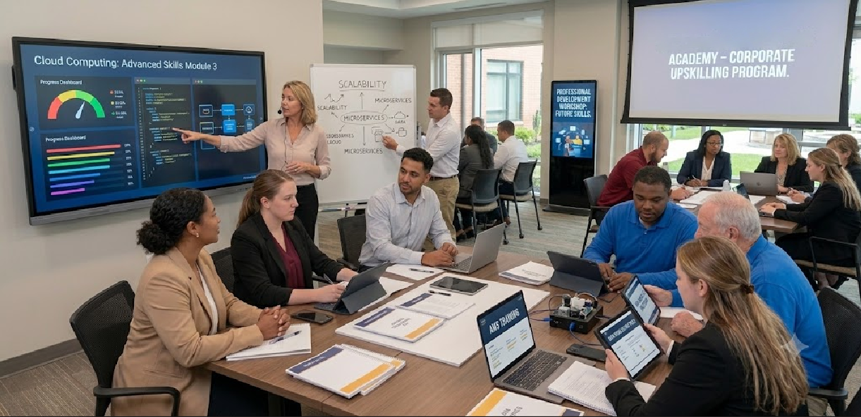 Diverse corporate team participating in a cloud computing and technical skills upskilling workshop in a modern training room
